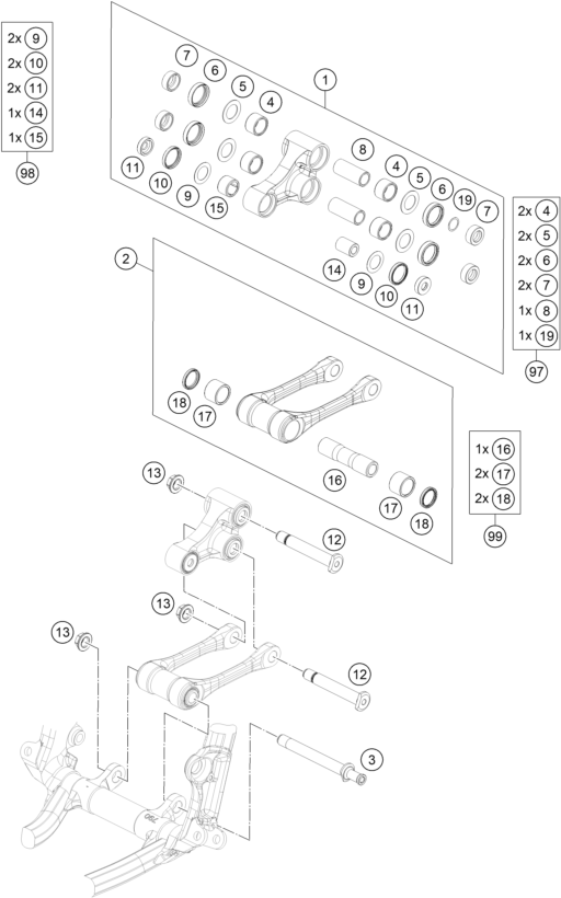 vue éclatée articulation de l'amortisseur pro lever - ktm 250 sx eu 2021