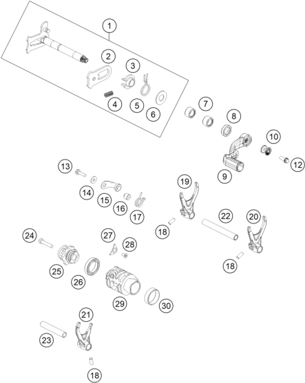 vue éclatée mécanisme de sélection - ktm 250 sx eu 2021