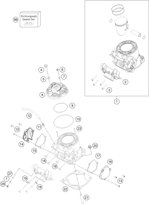 vue éclatée cylindre, culasse - ktm 250 sx eu 2021
