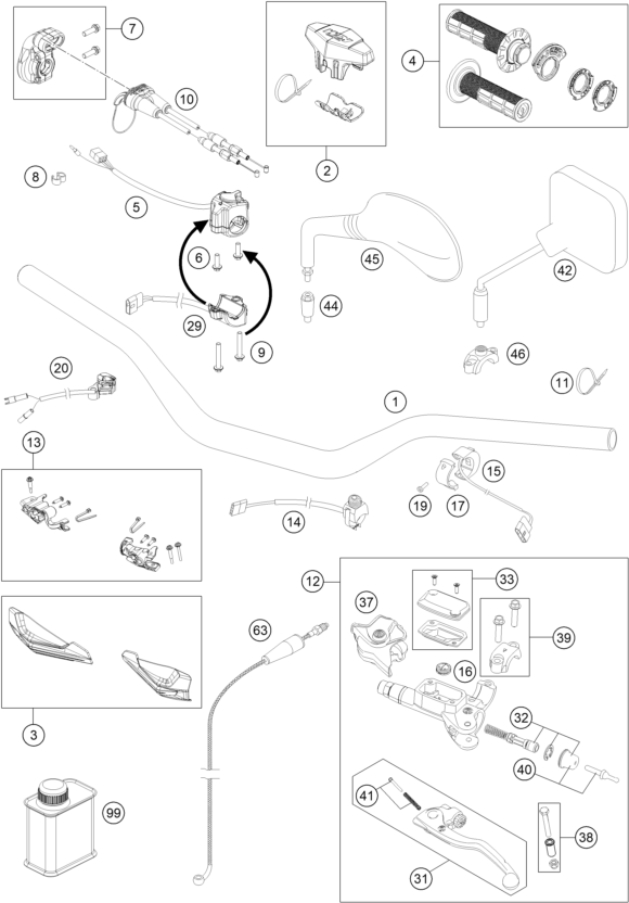 vue éclatée guidon, armatures - ktm 250 exc six days tpi eu 2021