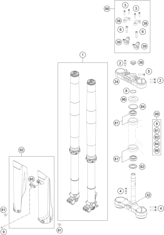 vue éclatée fourche téléscopique, té de fourche - ktm 250 exc six days tpi eu 2021