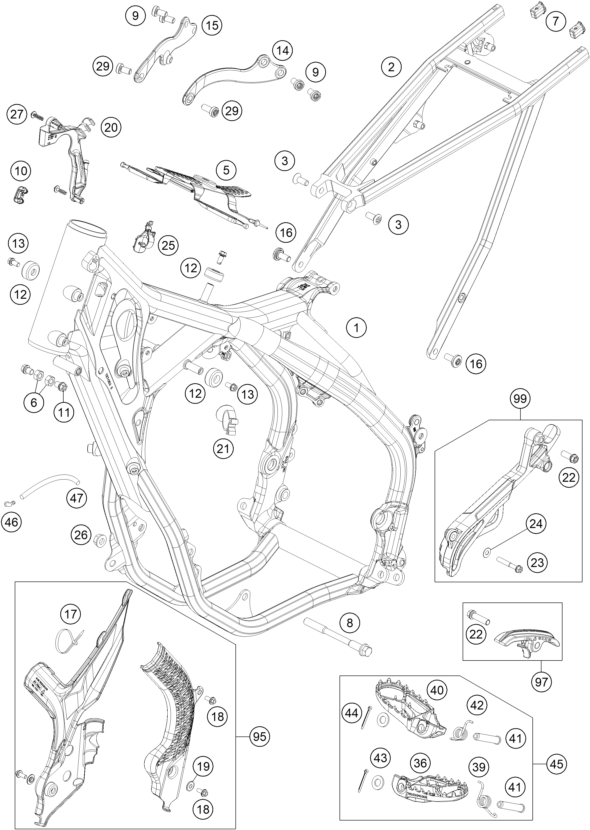 vue éclatée cadre - ktm 250 exc six days tpi eu 2021
