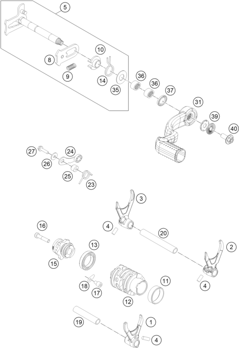 vue éclatée mécanisme de sélection - ktm 250 exc six days tpi eu 2021