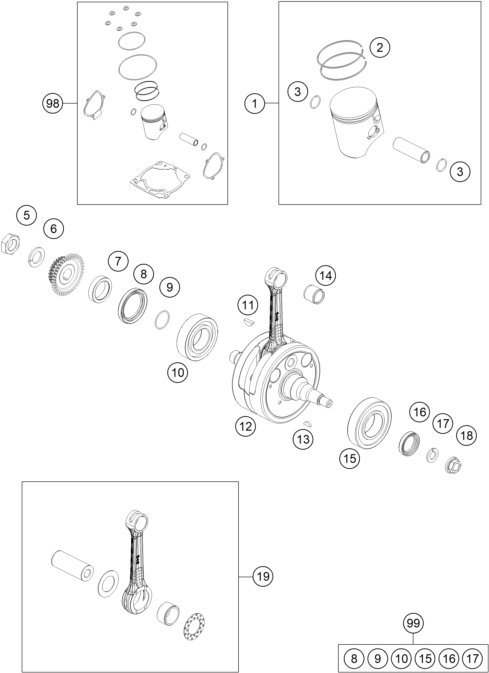 vue éclatée vilebrequin, piston - ktm 250 exc six days tpi eu 2021