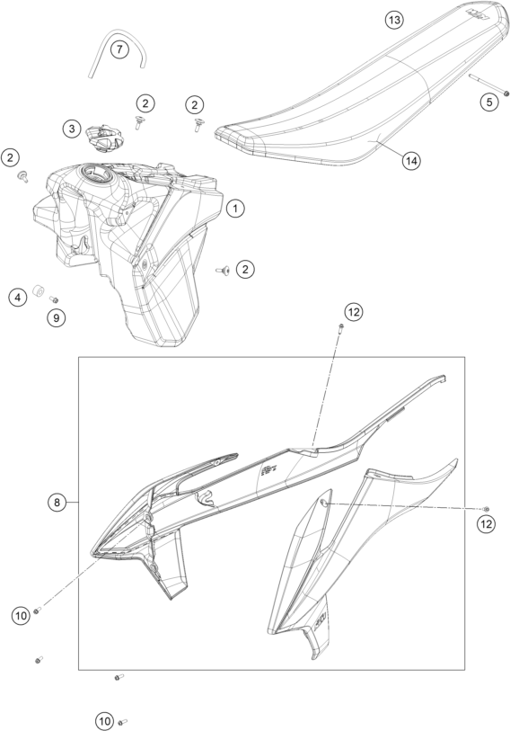 vue éclatée réservoir, selle - ktm 250 exc tpi eu 2021