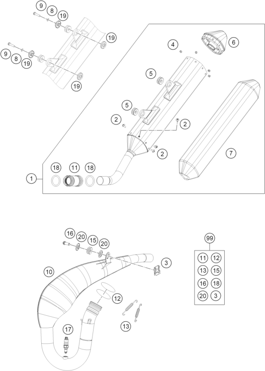 vue éclatée système d'echappement - ktm 250 exc tpi eu 2021