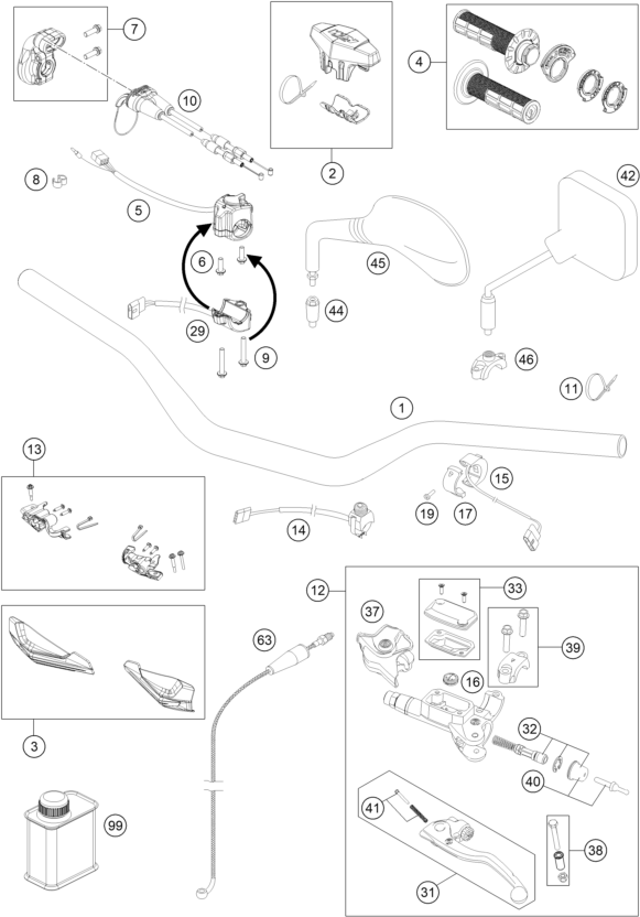 vue éclatée guidon, armatures - ktm 250 exc tpi eu 2021