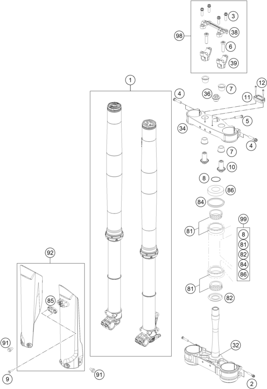 vue éclatée fourche téléscopique, té de fourche - ktm 250 sx-f eu 2021