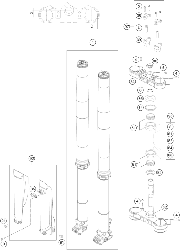 vue éclatée fourche téléscopique, té de fourche - ktm 250 exc-f eu 2021