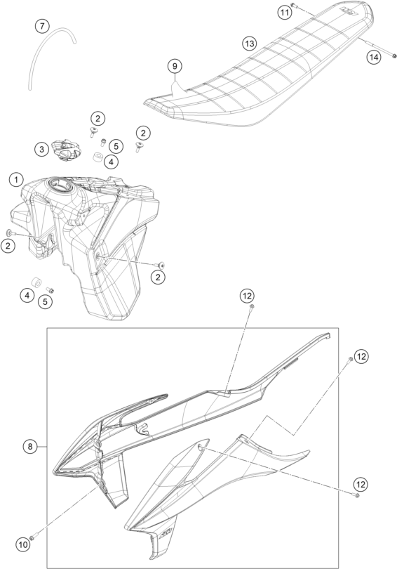 vue éclatée réservoir, selle - ktm 250 exc-f eu 2021