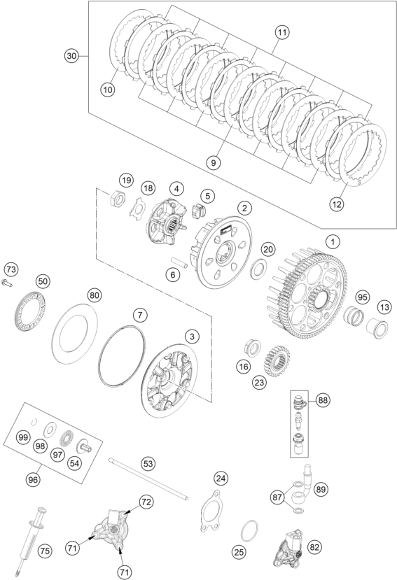 vue éclatée embrayage - ktm 250 exc-f eu 2021