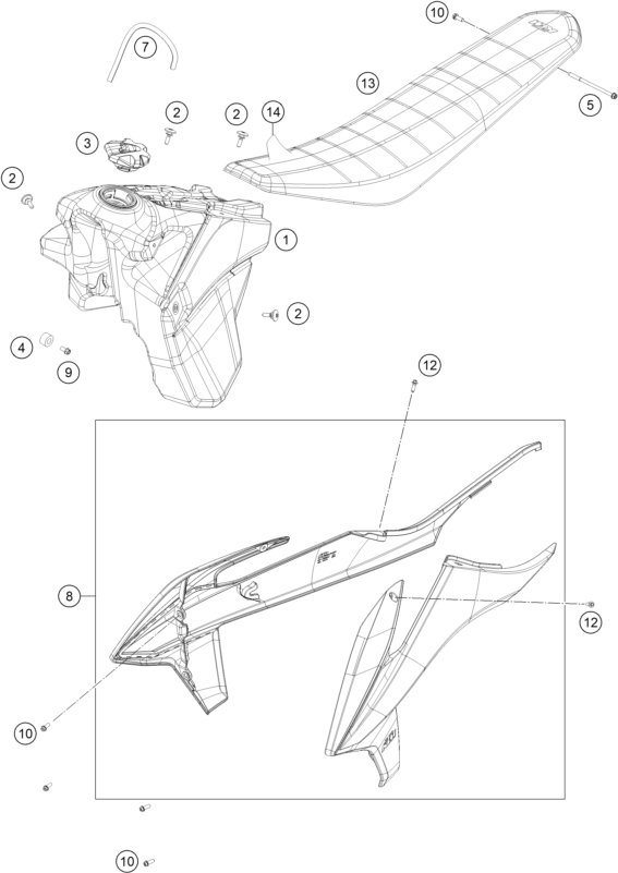 vue éclatée réservoir, selle - ktm 300 exc six days tpi eu 2021