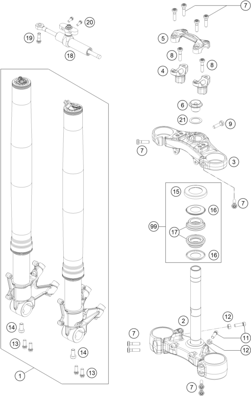 vue éclatée fourche téléscopique, té de fourche - ktm 1290 super duke gt, black eu 2021