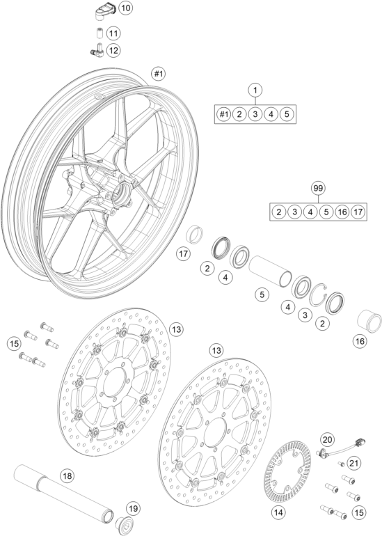 vue éclatée roue avant - ktm 1290 super duke gt, white eu 2021