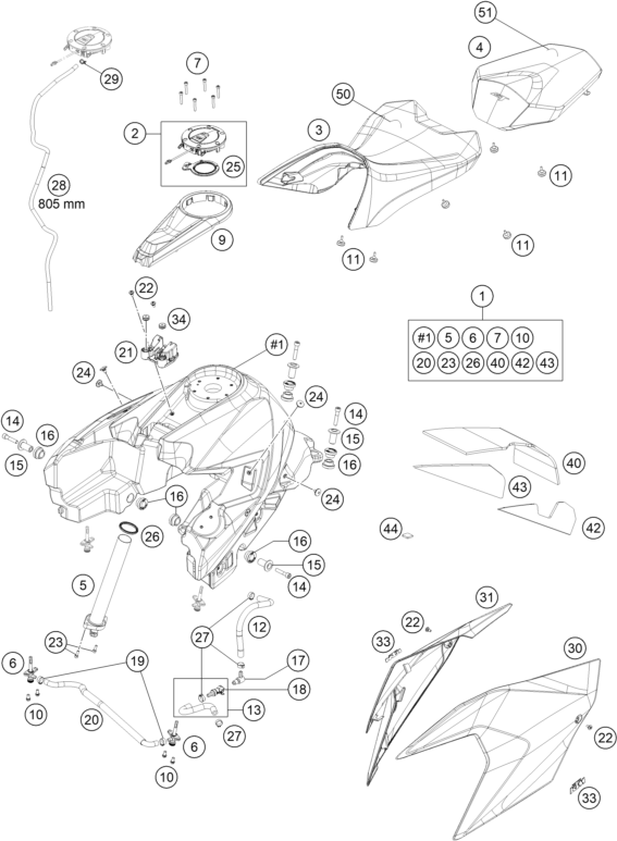vue éclatée réservoir, selle - ktm 1290 super duke gt, white eu 2021