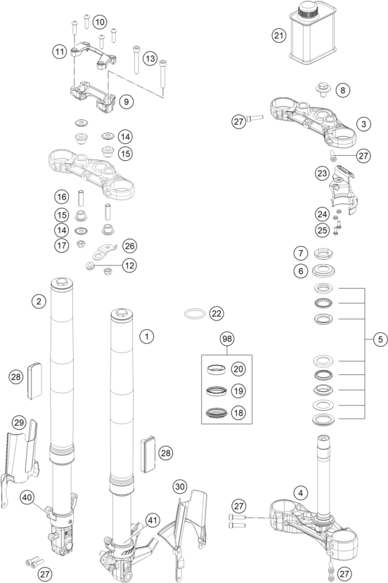 vue éclatée fourche téléscopique, té de fourche - ktm 200 duke, white, abs-ckd co 2021