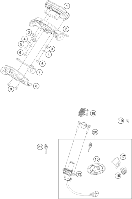 vue éclatée instruments / système de verrouillage - ktm 200 duke, white th 2021