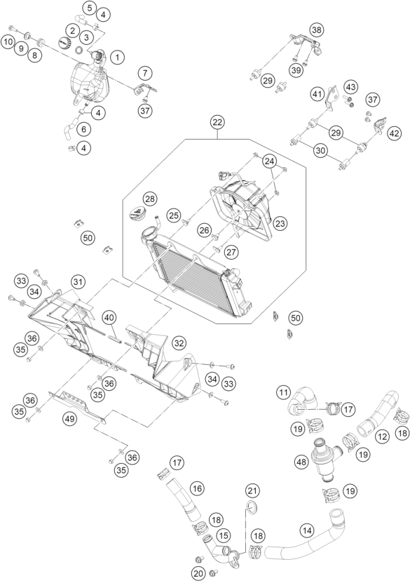 vue éclatée système de refroidissement - ktm 200 duke, white, abs-ckd my 2021