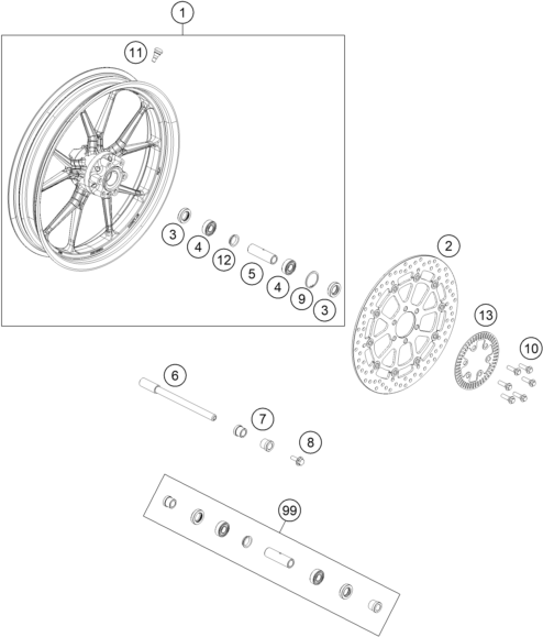 vue éclatée roue avant - ktm rc 390, white cn 2021