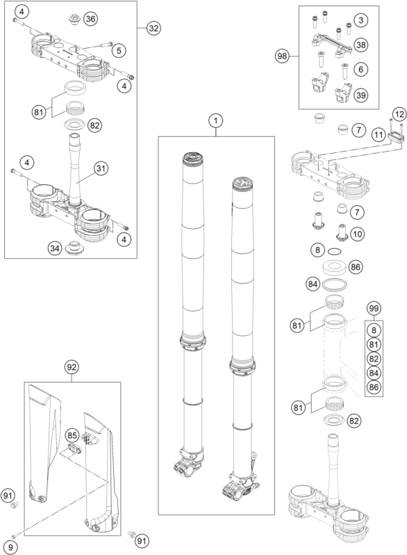 vue éclatée fourche téléscopique, té de fourche - ktm 250 sx-f prado eu 2020