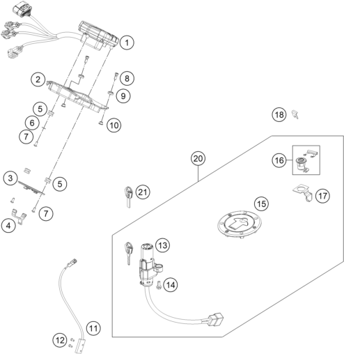 vue éclatée instruments / système de verrouillage - ktm 200 duke, orange, w/o abs - ckd co 2021