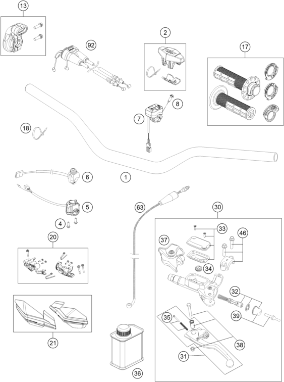 vue éclatée guidon, armatures - ktm 350 exc-f six days ckd cn 2021