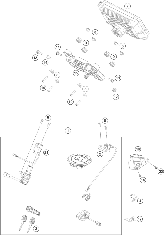 vue éclatée instruments / système de verrouillage - ktm 890 adventure r rally eu 2021