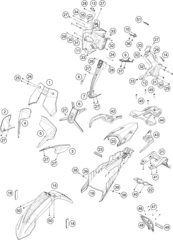 vue éclatée plaque, garde-boue - ktm 890 adventure r rally eu 2021