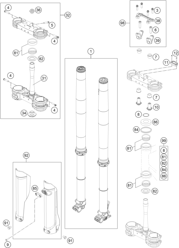 vue éclatée fourche téléscopique, té de fourche - ktm 250 sx-f troy lee designs eu 2021
