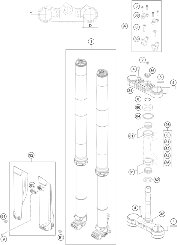 vue éclatée fourche téléscopique, té de fourche - ktm 250 exc-f eu 2022