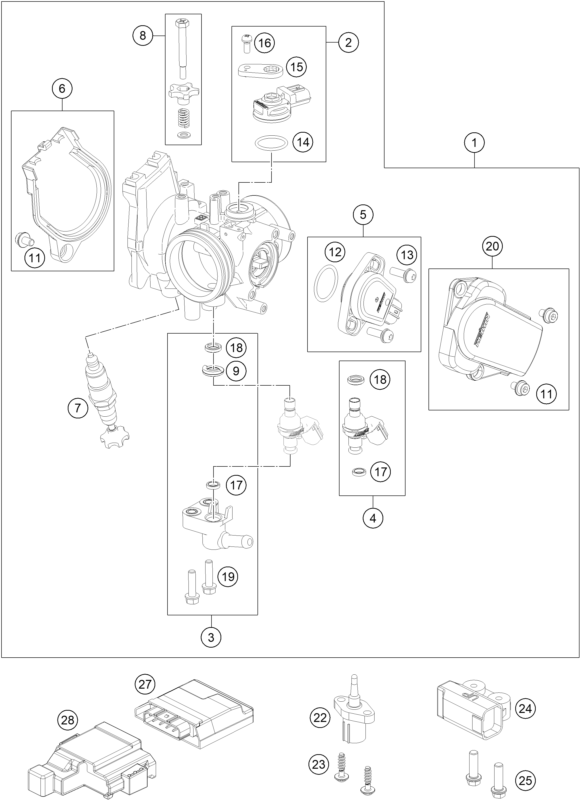 vue éclatée corps du clapet d'étranglement - ktm 250 exc-f eu 2022