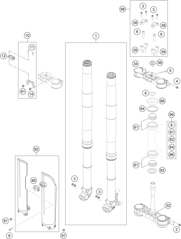 vue éclatée fourche téléscopique, té de fourche - ktm 450 smr eu 2022