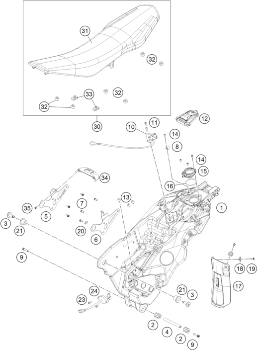 vue éclatée réservoir, selle - ktm 690 enduro r eu 2022