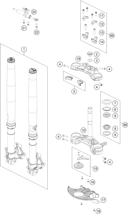 vue éclatée fourche téléscopique, té de fourche - ktm ktmr2r 1290 super adv s cn 2022