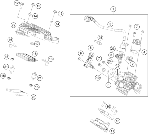vue éclatée corps du clapet d'étranglement - ktm 125 duke, black eu 2022
