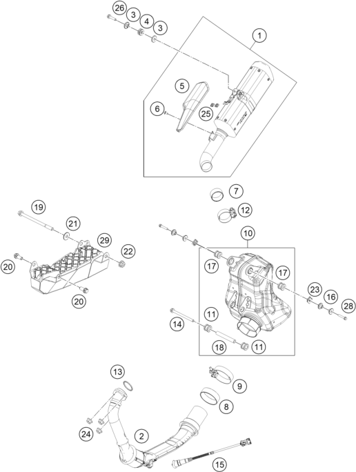vue éclatée système d'echappement - ktm 125 duke, silver eu 2022