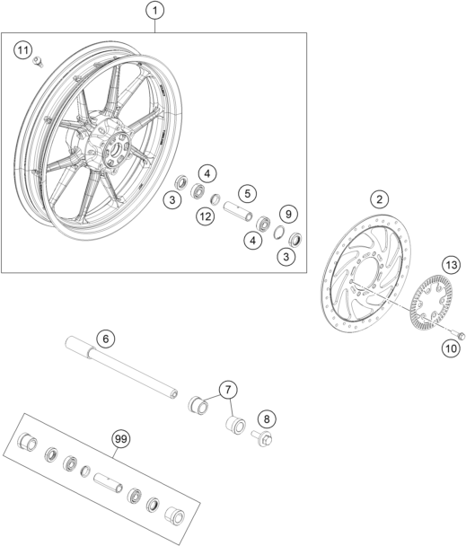 vue éclatée roue avant - ktm 125 duke, silver eu 2022