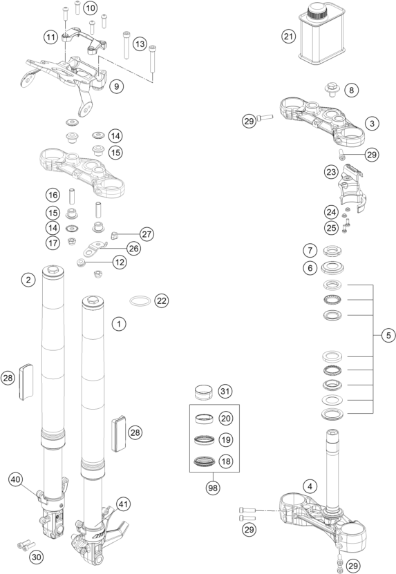 vue éclatée fourche téléscopique, té de fourche - ktm 125 duke, silver eu 2022