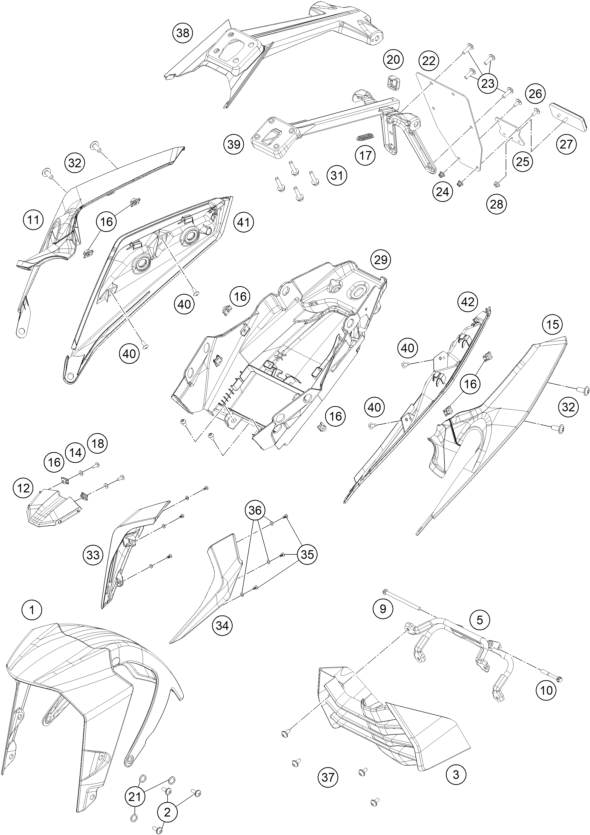 vue éclatée plaque, garde-boue - ktm 200 duke, white, abs-ckd co 2022