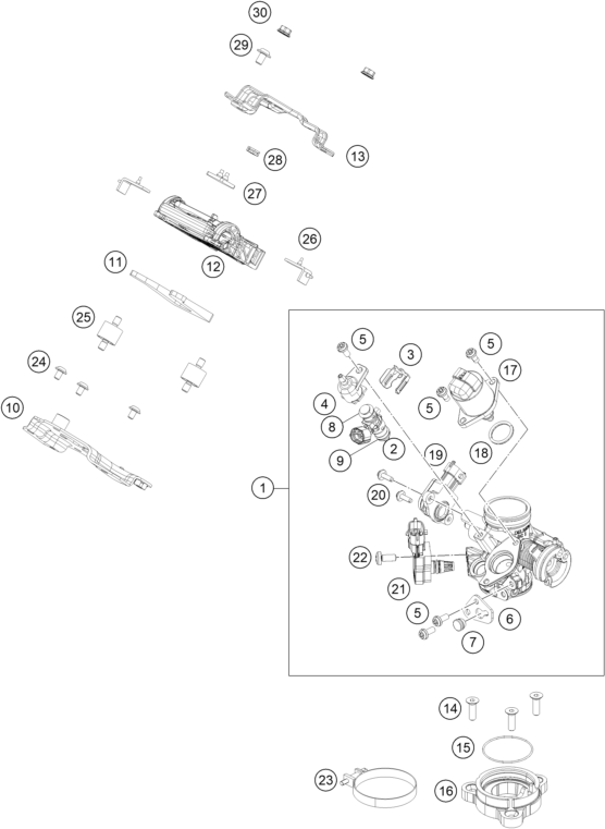 vue éclatée corps du clapet d'étranglement - ktm 200 duke, black, w/o abs - ckd co 2022