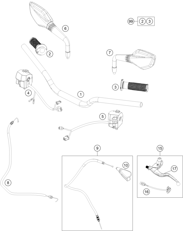 vue éclatée guidon, armatures - ktm 200 duke, orange, w/o abs - ckd co 2022