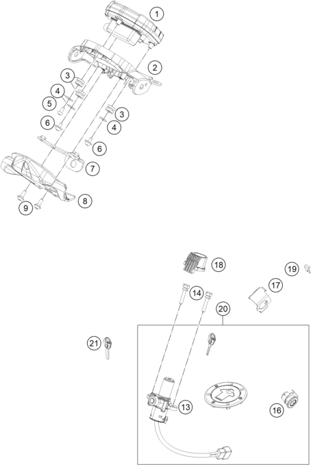 vue éclatée instruments / système de verrouillage - ktm 200 duke, orange, abs-ckd ph 2022