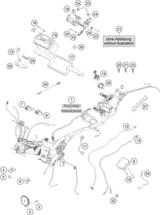 vue éclatée faisceau de câbles - ktm 390 duke, white eu 2022