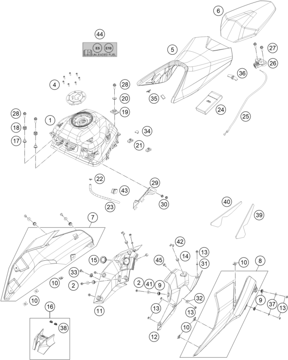 vue éclatée réservoir, selle - ktm 390 duke, silver - ckd ph 2022