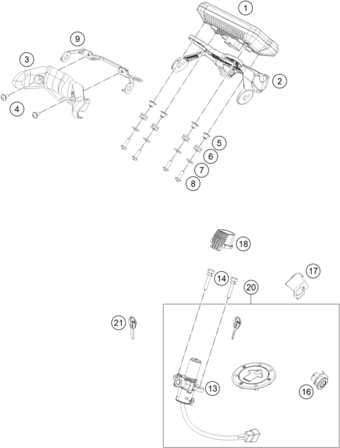 vue éclatée instruments / système de verrouillage - ktm 390 duke, silver - ckd ph 2022