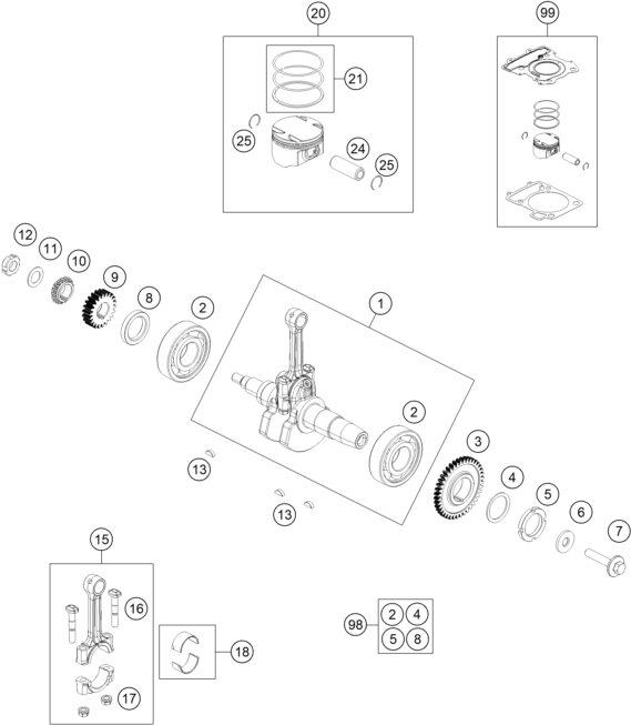 vue éclatée vilebrequin, piston - ktm rc 125, white eu 2022
