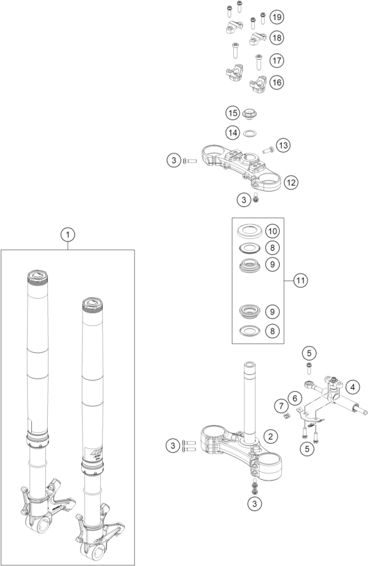 vue éclatée fourche téléscopique, té de fourche - ktm 890 duke, orange eu 2022