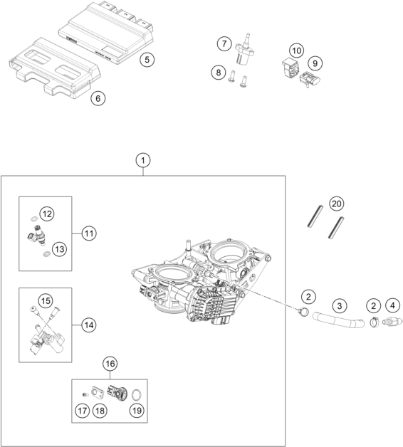 vue éclatée corps du clapet d'étranglement - ktm 1290 super duke r, orange eu 2022