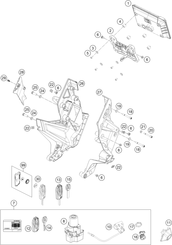 vue éclatée instruments / système de verrouillage - ktm 1290 super duke gt, orange eu 2022