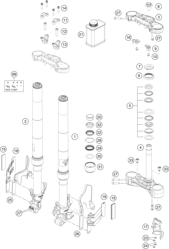 vue éclatée fourche téléscopique, té de fourche - ktm 390 adventure, black - ckd co 2022